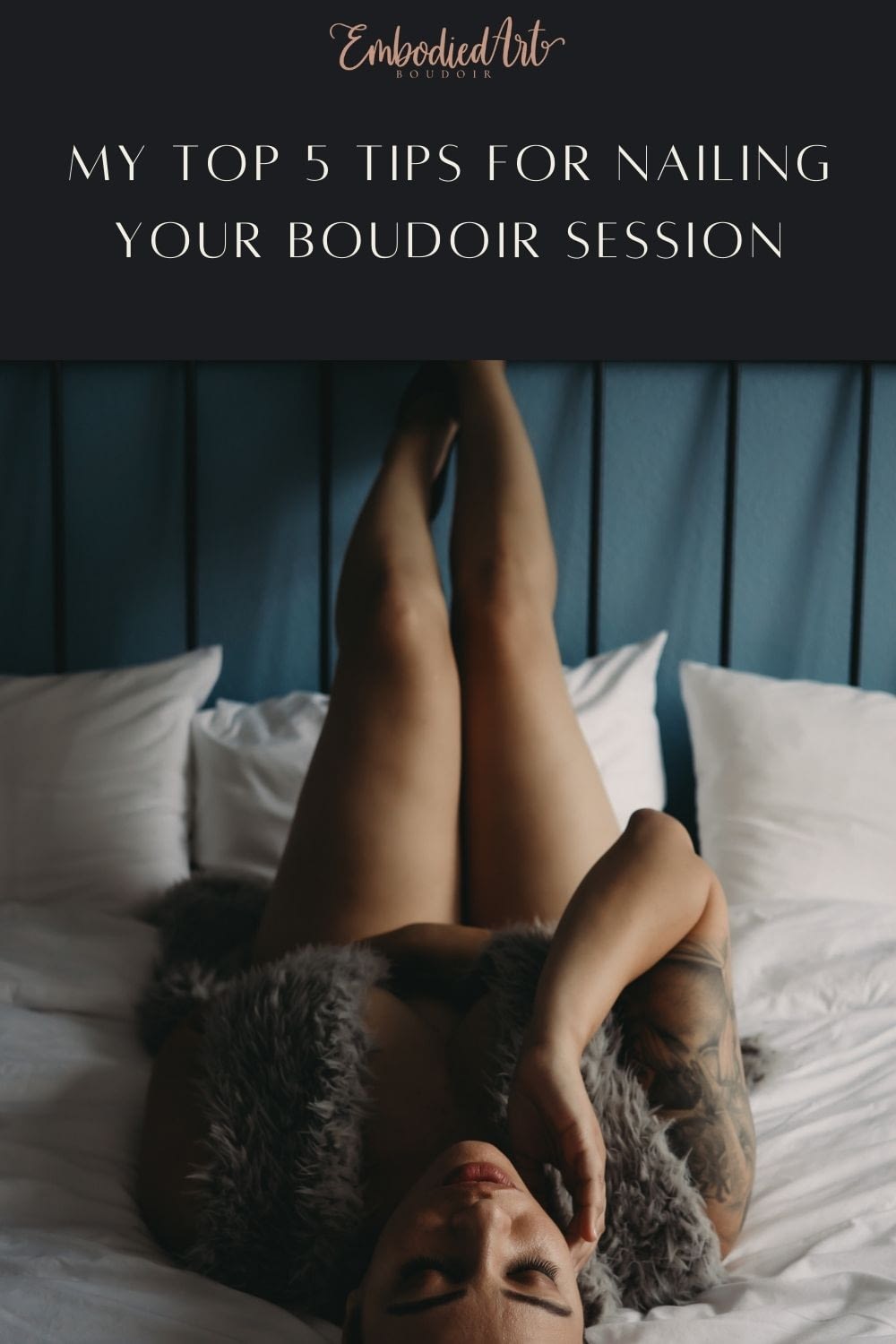 Blog Post: My Top 5 Tips for Nailing Your Boudoir Session. Woman lying on bed and stroking her face, wearing heels with a furry vest, nothing else. Photo by Embodied Art Boudoir, Colorado boudoir photography, boudoir photo session, boudoir photoshoot, lingerie, happy women, confident women, art photography, body as art, boudoir, portrait, boudoir poses, empowerment through photography, natural hairstyles, empowering photography, professional hair and makeup, self love photoshoot, body positive, self care, luxury photoshoot, confidence, first boudoir photoshoot, boudoir session, prep guide, hydrate