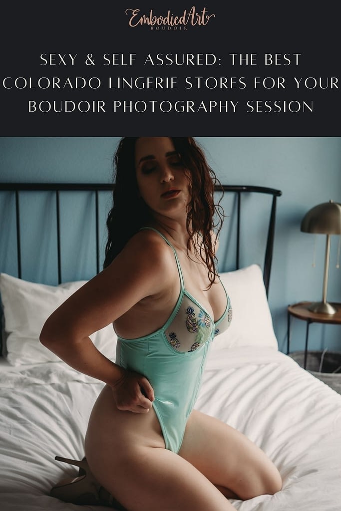 Best Denver Colorado Lingerie Stores!!!! Woman sitting on bed in kneeling pose holding on to her teal latex bodysuit. Photo by Embodied Art Boudoir. boudoir inspiration, boudoir photography ideas, colorado boudoir, denver, colorado, lingerie store, lingerie, victorias secret, nordstrom, torrid, plus size lingerie, bodysuit, bra, bralette, bridal lingerie, body chains, pasties, harness, boudoir outfits, heels