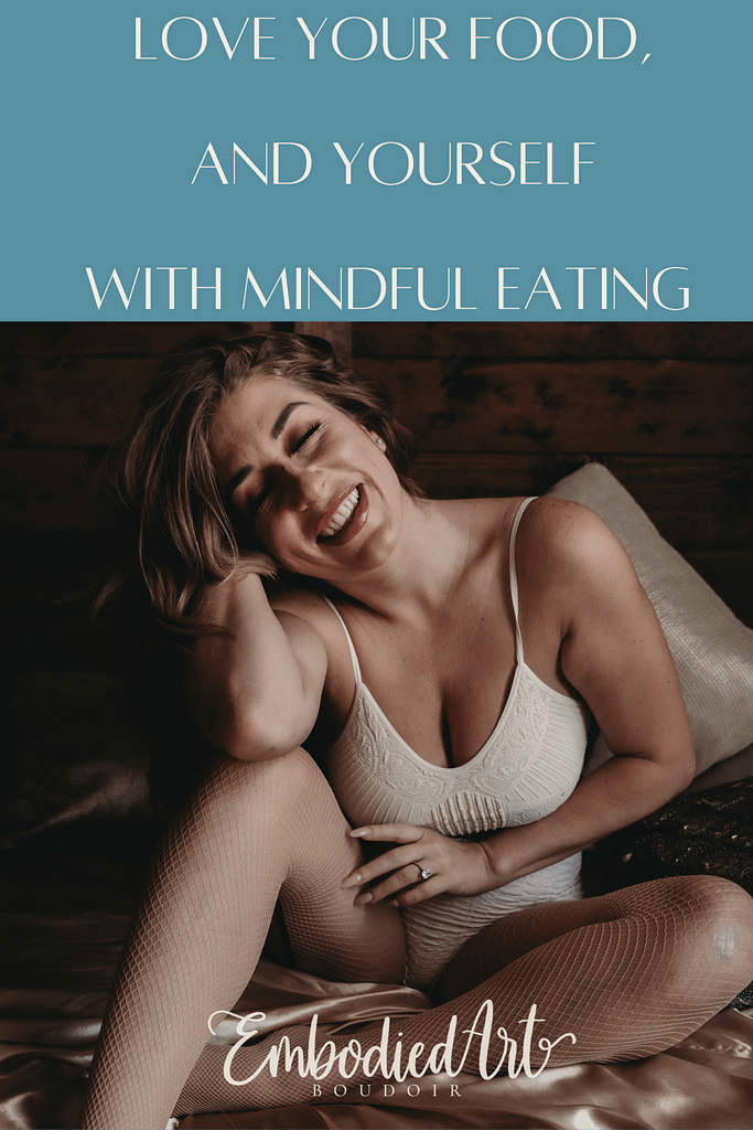 Woman sitting on bed, laughing joyfully wearing matching white body suit and white fishnets. Photo by Embodied Art Boudoir. A healthy relationship with food, mindful eating, love your food, non-judgemental, food freedom, anti-diet, self-compassion, mindfulness, self-love, dietary needs, slow down, appreciate food, appreciate life,  colorado boudoir, denver boudoir, boulder boudoir, colorado springs boudoir, boudoir ideas, boudoir poses, boudoir inspiration 