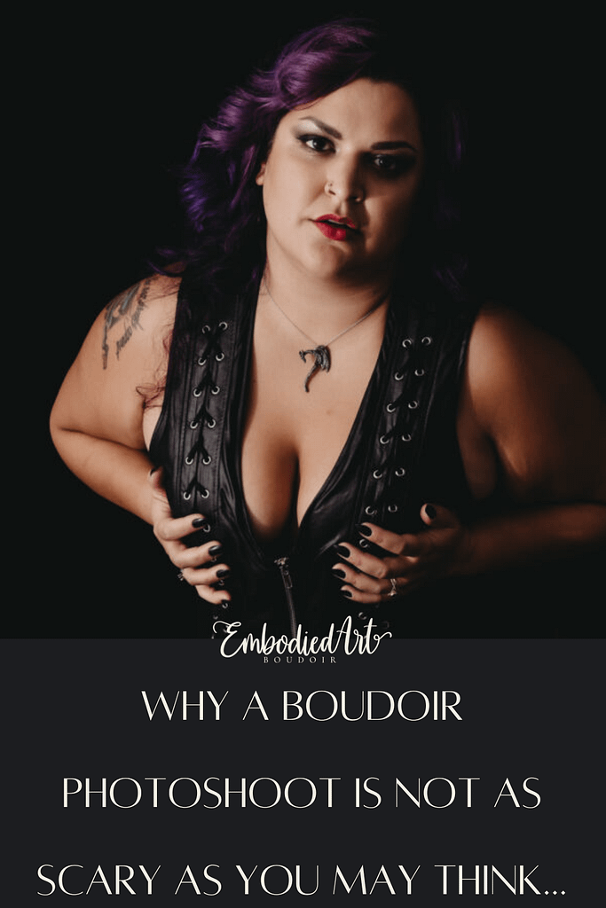 Woman with purple hair wearing a leather corset, leaning towards camera. Photo by Embodied Art Boudoir. Boudoir photography, do what scares you, fear is growth, hype lady, boudoir fun, growth, embrace change, nerves,  boudoir photography, female photographer, gorgeous images, meditation, good vibes, colorado boudoir, denver boudoir, boulder boudoir, colorado springs boudoir, boudoir ideas, boudoir poses, boudoir inspiration, photography inspiration

